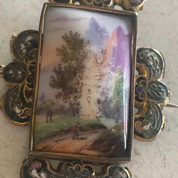 Victorian Hand Painted French Champleve Impressionist Porcelain Brooch c.1880 - Picture 11 of 12